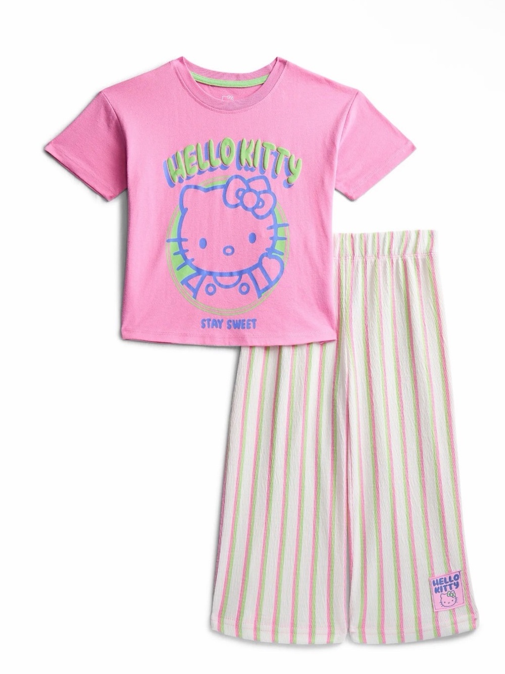 Hello Kitty Pink Short-Sleeve Striped Cream Pants